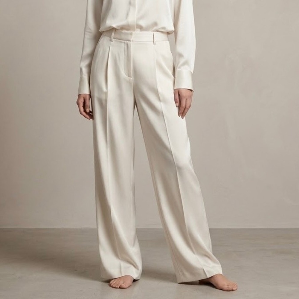 J.McLaughlin Wide Leg Trousers 100% Silk Cream Pleated High Rise Size 4